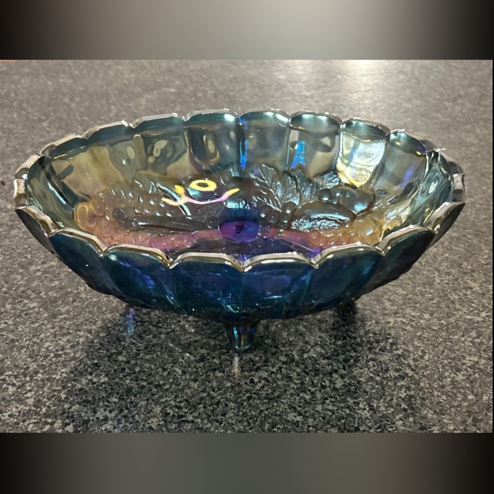 Iridescent Glass Art Bowl with Blue and Gold Hues